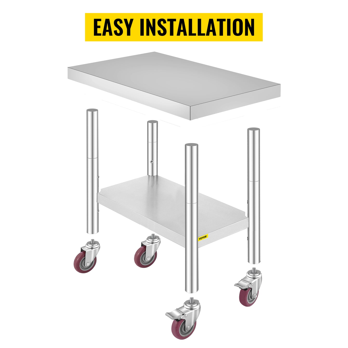 VEVOR 30x18x34 Inch Stainless Steel Work Table 3-Stage Adjustable Shelf with 4 Wheels Heavy Duty Commercial Food Prep Worktable with Brake for Kitchen Prep Work