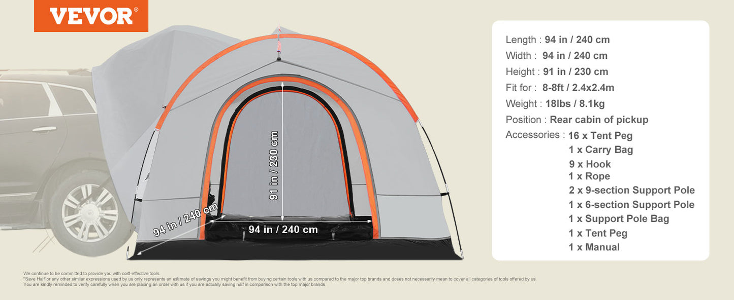 VEVOR SUV Camping Tent, 8'-8' SUV Tent Attachment for Camping with Rain Layer and Carry Bag, PU2000mm Double Layer Truck Tent, Accommodate 6-8 Person, Rear Tent for Van Hatch Tailgate