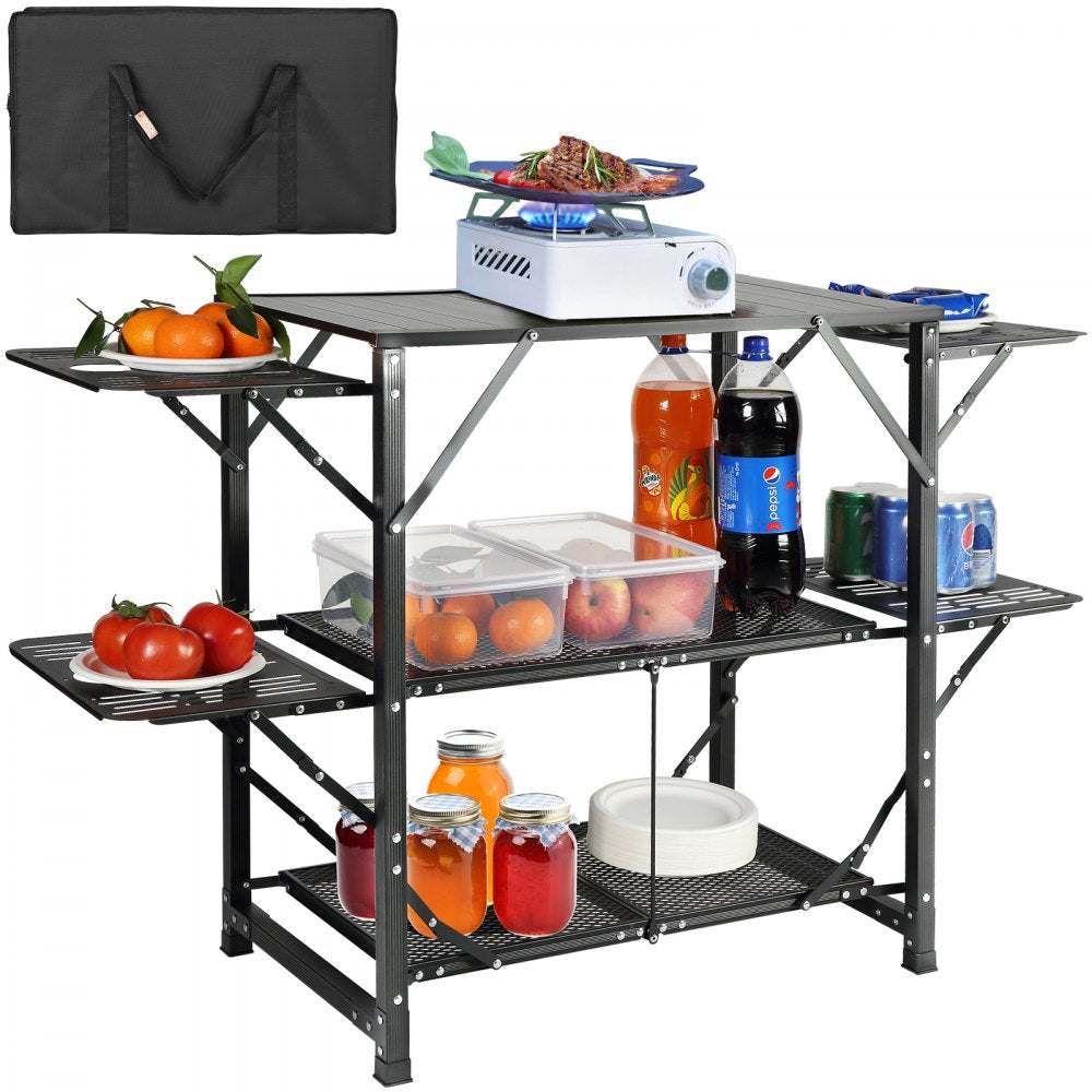 VEVOR Camping Kitchen Table, One-piece Folding Portable Cook Station with A Carrying Bag, Aluminum Camping Table 4 Iron Side Tables & 2 Shelves, Ideal for Outdoor Picnics, BBQs, Camping, RV Traveling