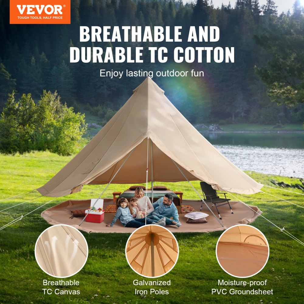 VEVOR 12 Person Canvas Glamping Bell Tent, Breathable Waterproof Large Yurt Tent with Stove Jack and Detachable Side Wall for Family Camping, 23'x23'x137"(Diameter 7M)