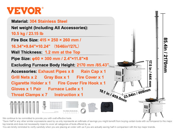 VEVOR Wood Stove, 86 inch, Stainless Steel Camping Tent Stove, Portable Wood Burning Stove with Chimney Pipes & Gloves, 3000in³Firebox Hot Tent Stove for Outdoor Cooking and Heating with 8 Pipes