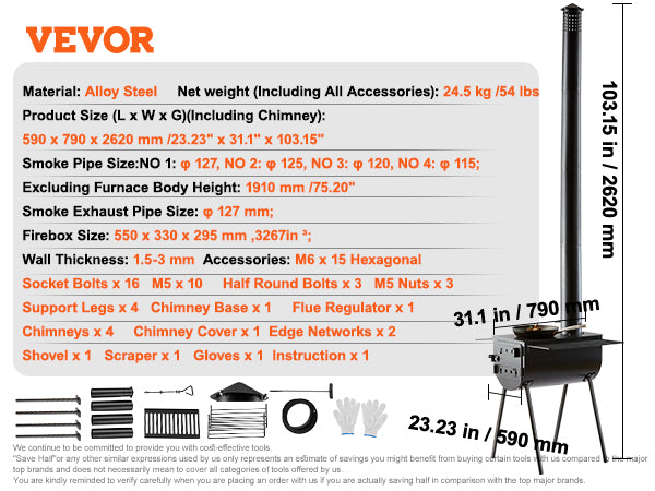 VEVOR Wood Stove, 118 inch, Alloy Steel Camping Tent Stove, Portable Wood Burning Stove with Chimney Pipes & Gloves, 3000in³Firebox Hot Tent Stove for Outdoor Cooking and Heating with 8 Pipes