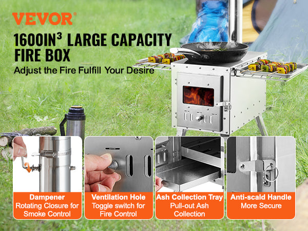 VEVOR Wood Stove, 86 inch, Stainless Steel Camping Tent Stove, Portable Wood Burning Stove with Chimney Pipes & Gloves, 3000in³Firebox Hot Tent Stove for Outdoor Cooking and Heating with 8 Pipes