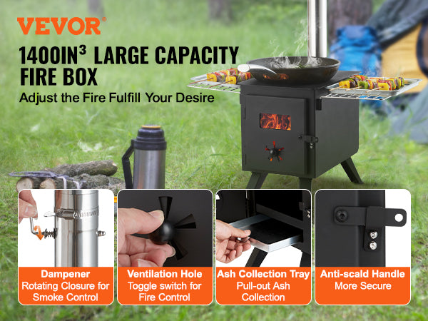 VEVOR Wood Stove, 86 inch, Alloy Steel Camping Tent Stove, Portable Wood Burning Stove with Chimney Pipes & Gloves, 1400in³Firebox Hot Tent Stove for Outdoor Cooking and Heating with 8 Pipes