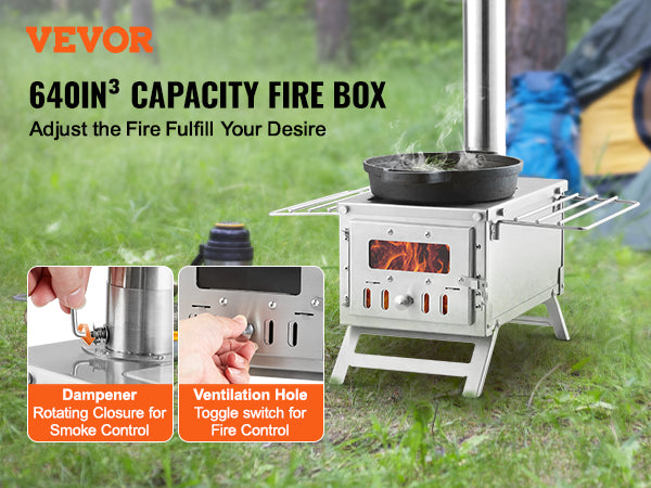 VEVOR Wood Stove, 80 inch, Stainless Steel Camping Tent Stove, Portable Wood Burning Stove with Chimney Pipes & Gloves, 700in³Firebox Hot Tent Stove for Outdoor Cooking and Heating with 8 Pipes