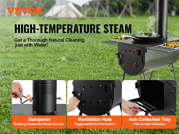 VEVOR Wood Stove, 118 inch, Alloy Steel Camping Tent Stove, Portable Wood Burning Stove with Chimney Pipes & Gloves, 3000in³Firebox Hot Tent Stove for Outdoor Cooking and Heating with 8 Pipes