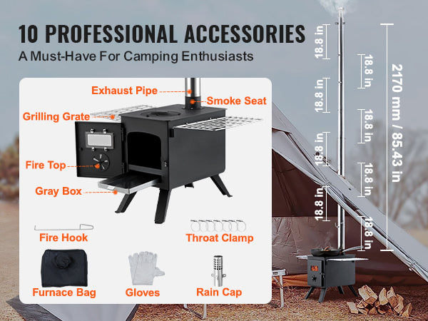 VEVOR Wood Stove, 86 inch, Alloy Steel Camping Tent Stove, Portable Wood Burning Stove with Chimney Pipes & Gloves, 1400in³Firebox Hot Tent Stove for Outdoor Cooking and Heating with 8 Pipes