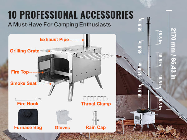 VEVOR Wood Stove, 86 inch, Stainless Steel Camping Tent Stove, Portable Wood Burning Stove with Chimney Pipes & Gloves, 3000in³Firebox Hot Tent Stove for Outdoor Cooking and Heating with 8 Pipes