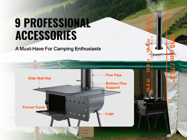 VEVOR Wood Stove, 118 inch, Alloy Steel Camping Tent Stove, Portable Wood Burning Stove with Chimney Pipes & Gloves, 3000in³Firebox Hot Tent Stove for Outdoor Cooking and Heating with 8 Pipes