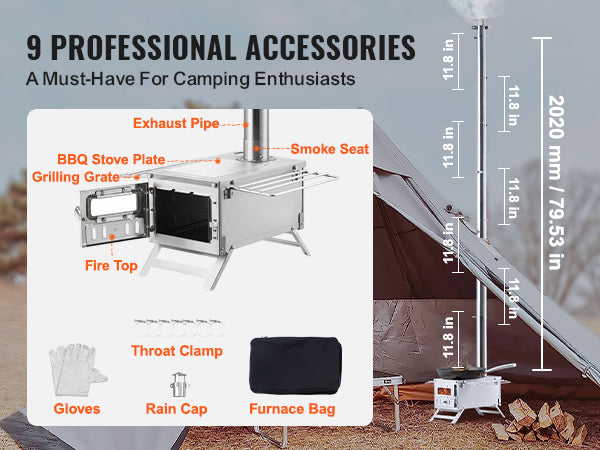 VEVOR Wood Stove, 80 inch, Stainless Steel Camping Tent Stove, Portable Wood Burning Stove with Chimney Pipes & Gloves, 700in³Firebox Hot Tent Stove for Outdoor Cooking and Heating with 8 Pipes