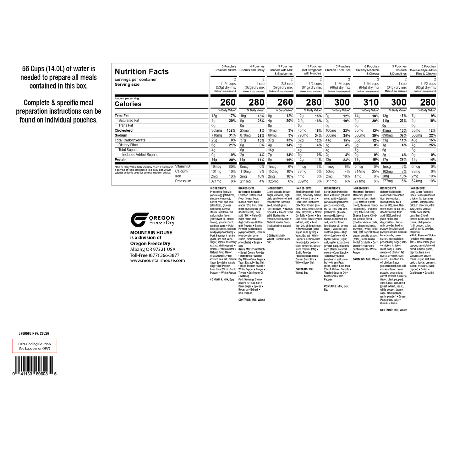 Nutrition Facts- Mountain House 14 Day Emergency Supply Kits